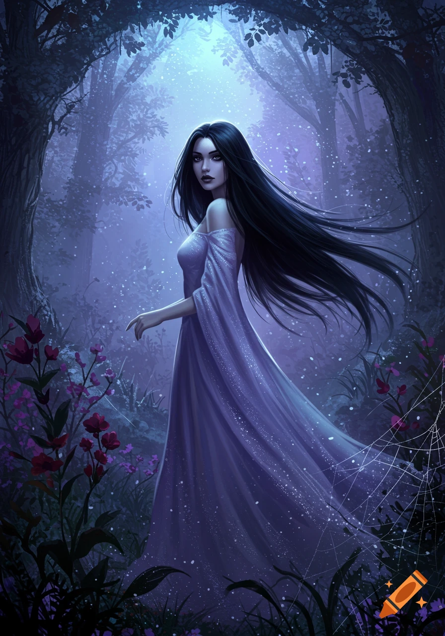 A woman with long dark hair in a sparkling lavender gown walks through a mystical, moonlit forest.