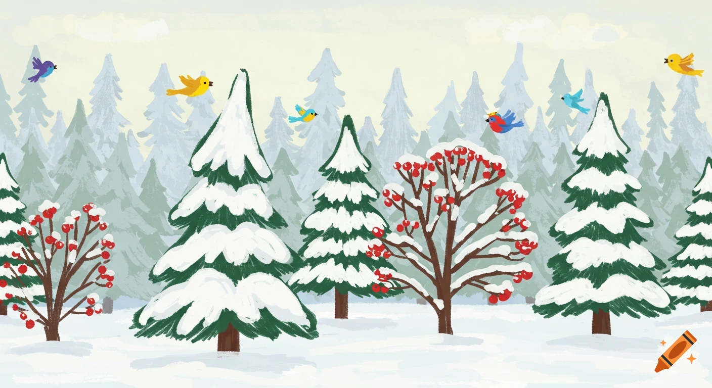 A hand-drawn illustration of a winter forest scene with snow-covered evergreen trees, red berry bushes, and colorful birds flying against a light sky.