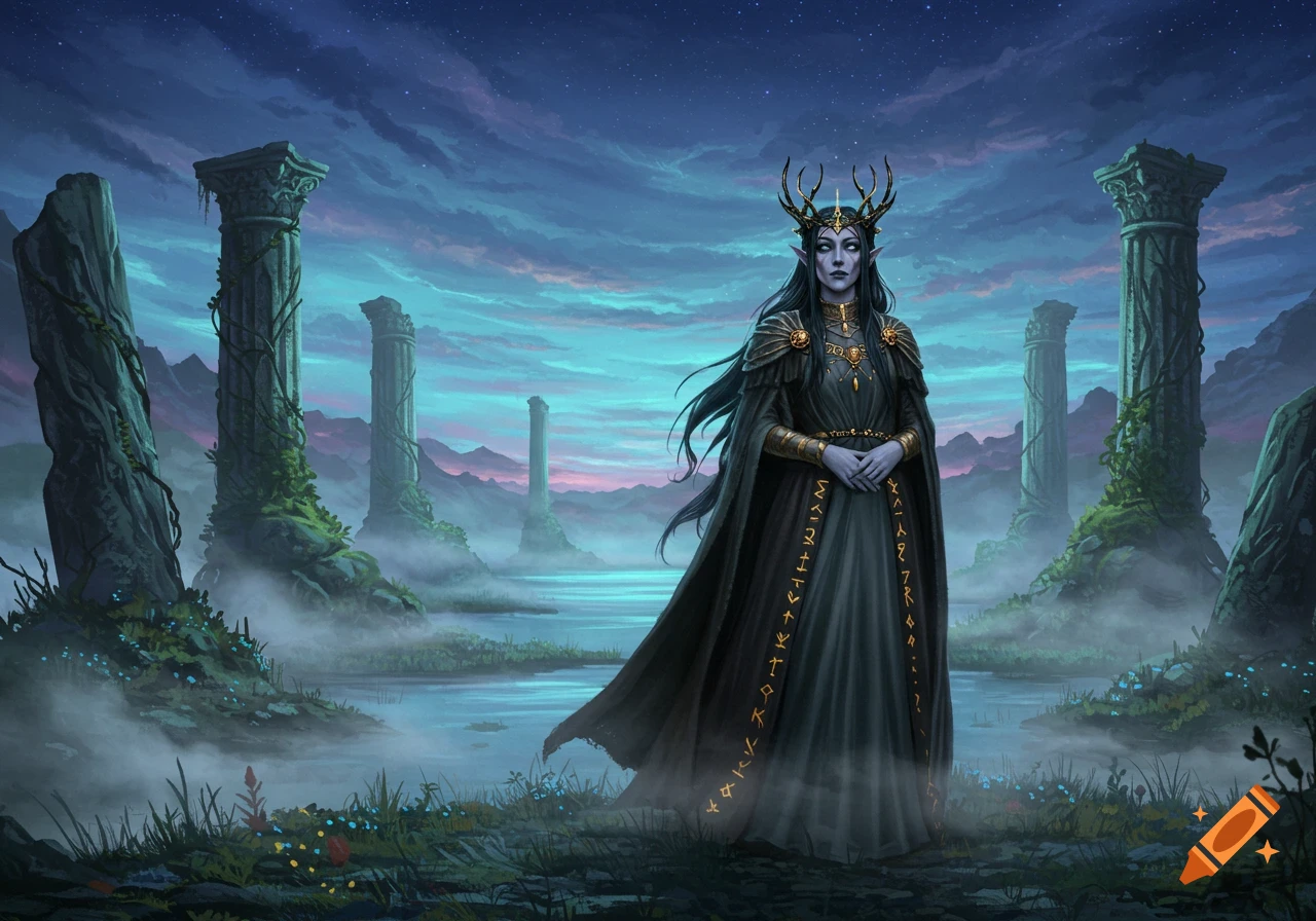 Dark fantasy queen with antlers and a cape, standing in misty ruins at twilight.