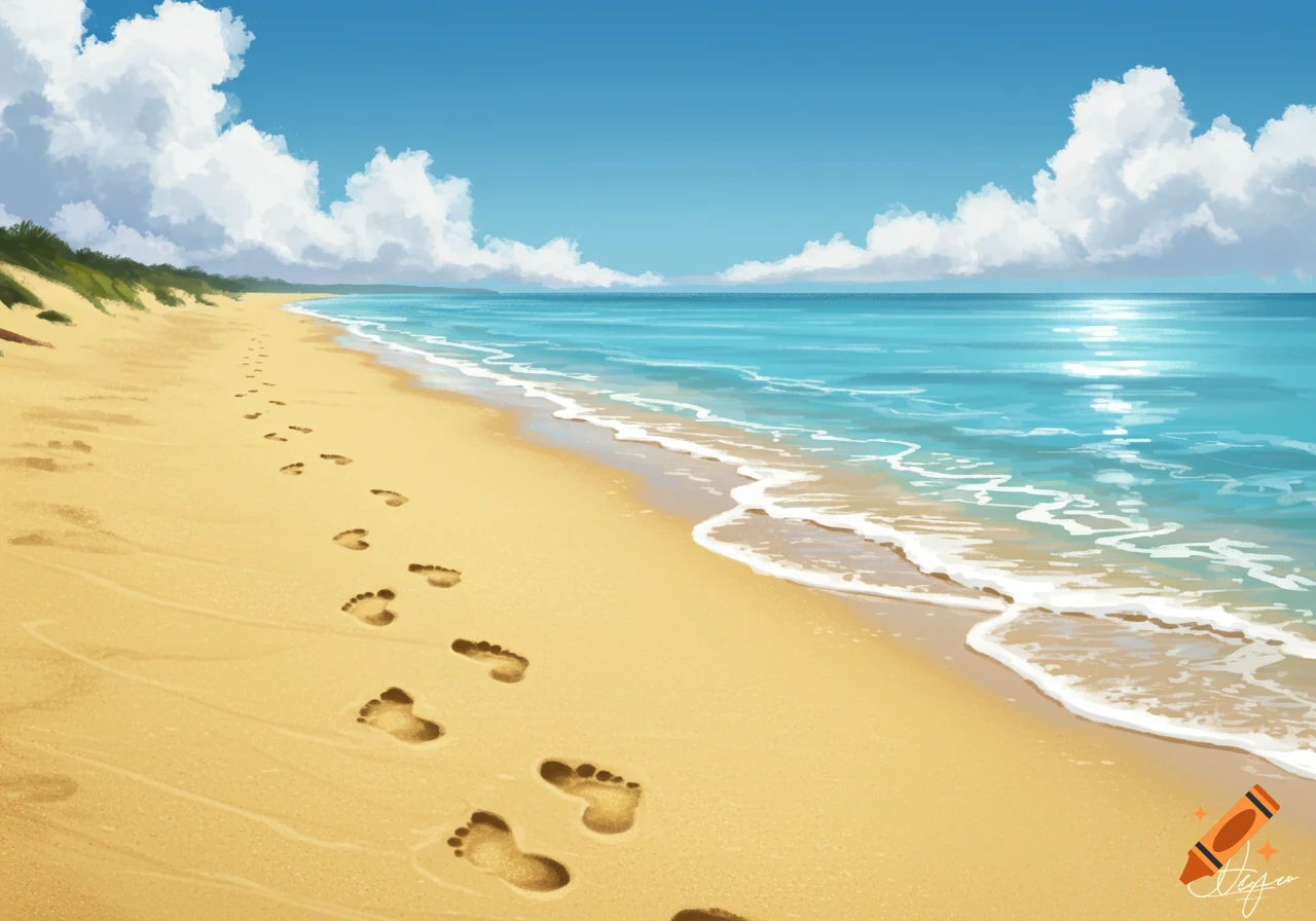 Footprints in the sand on a sunny beach with blue ocean waves and white clouds.
