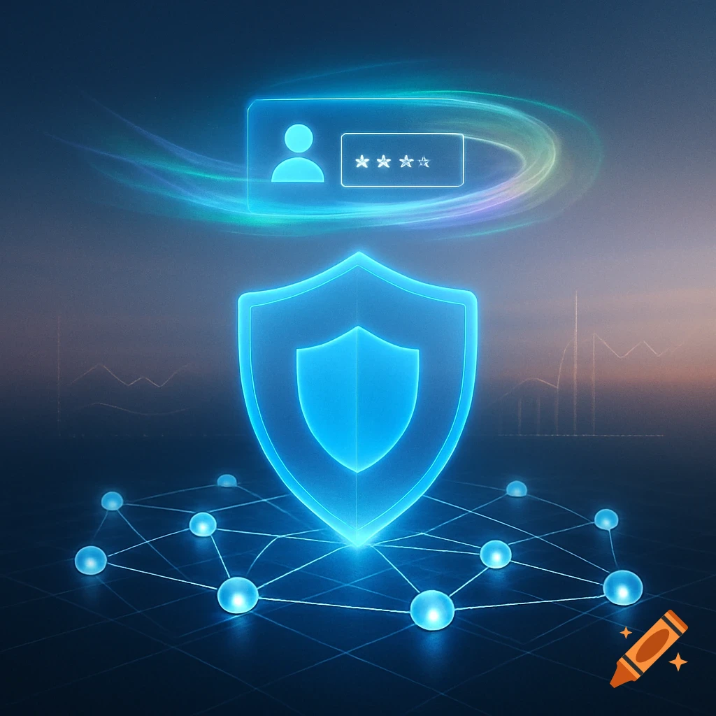 A glowing blue shield protecting an identity icon and password field, connected to a network of digital nodes, symbolizing cybersecurity.