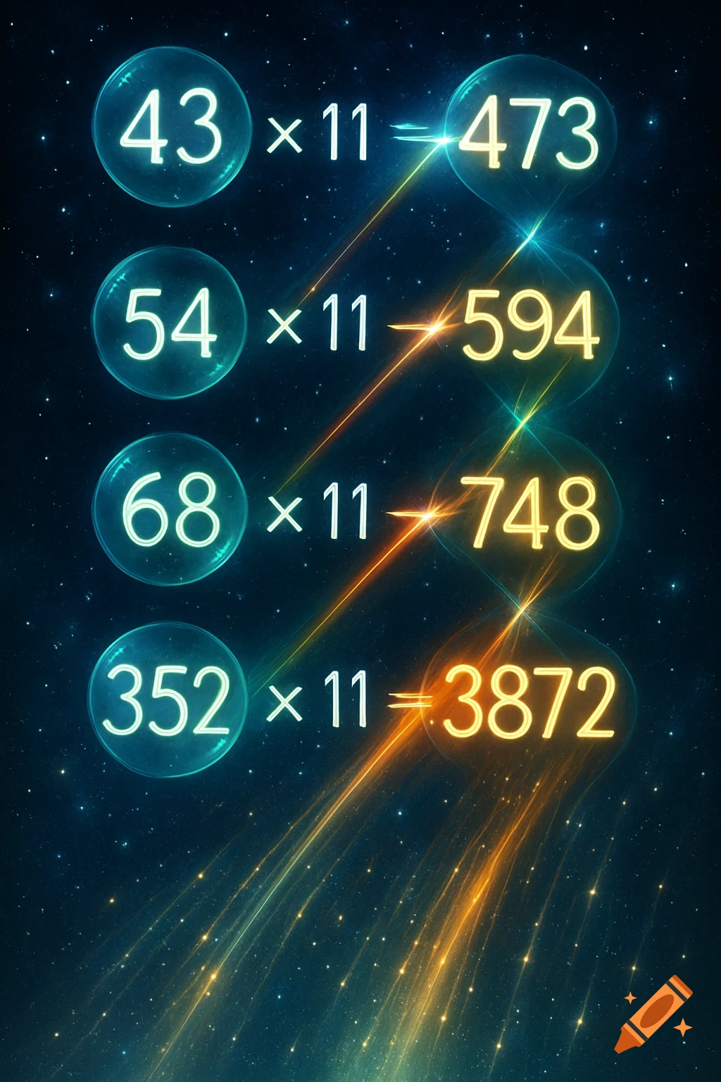 Mathematical equations showing multiplication by 11 inside glowing bubbles in a starry cosmic background.