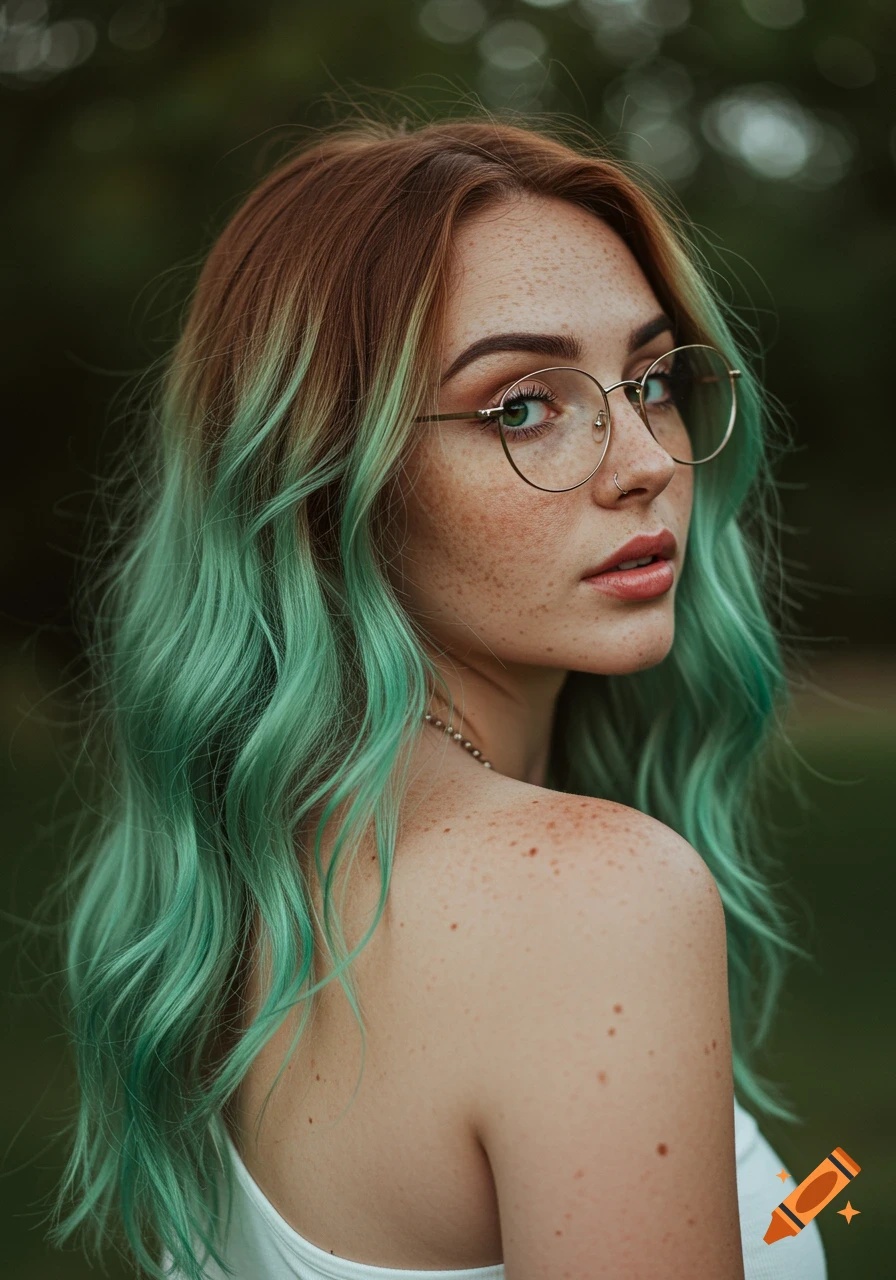 Photorealistic portrait of a young woman with green and brown wavy hair, freckles, and glasses, looking over her shoulder.