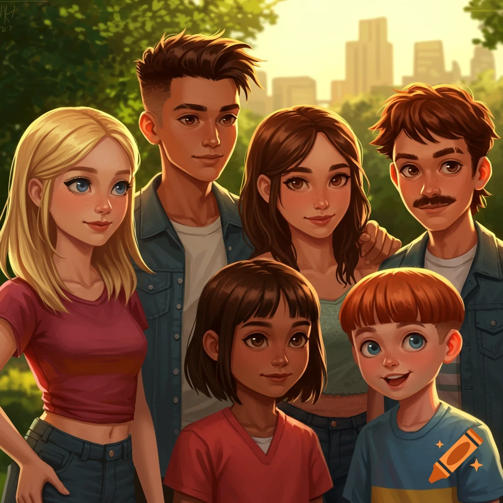 A stylized illustration of six animated characters, including teenagers and two children, smiling in a park with a city skyline in the background.
