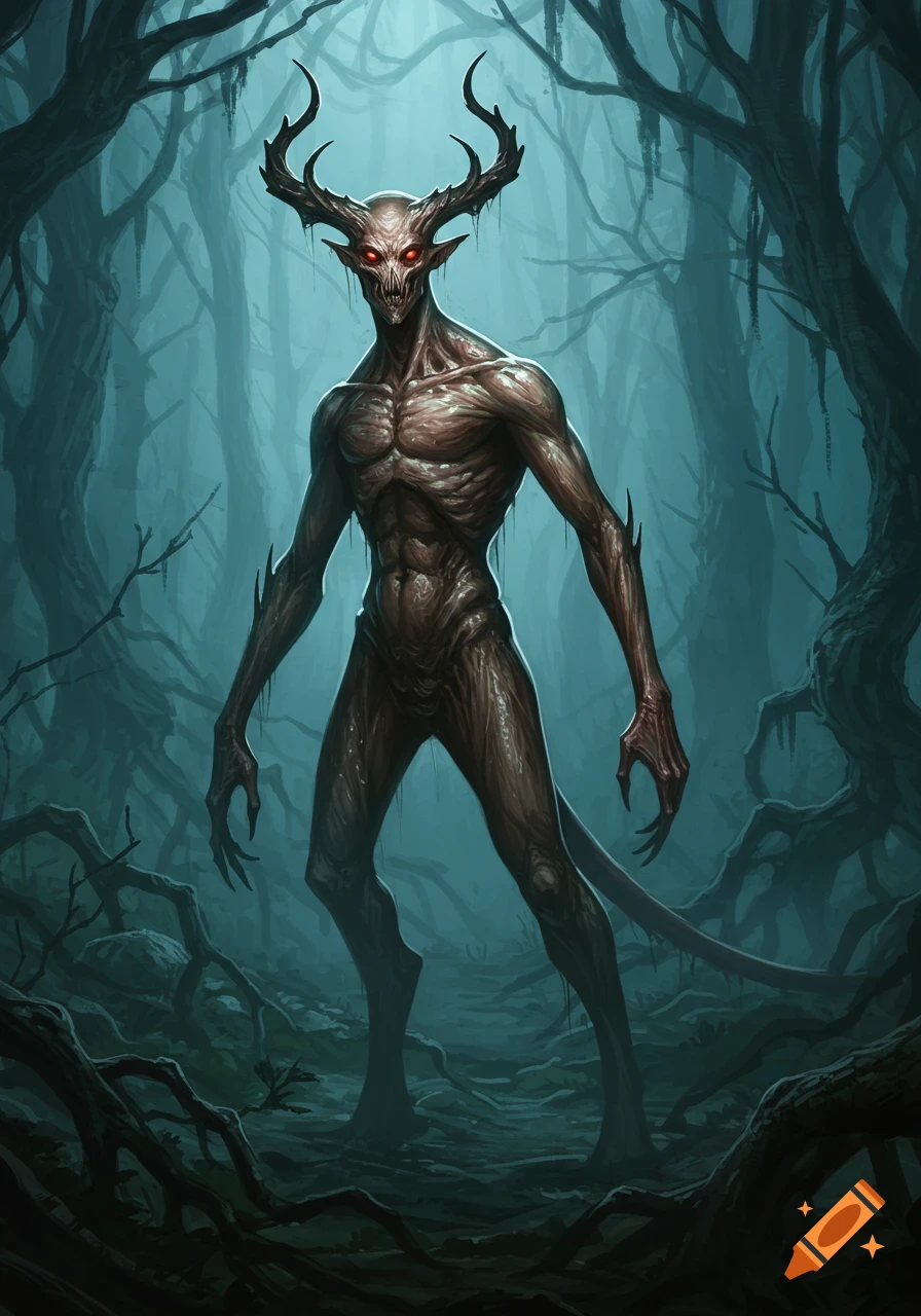 A terrifying demonic creature with antlers and glowing red eyes stands in a dark, eerie forest.