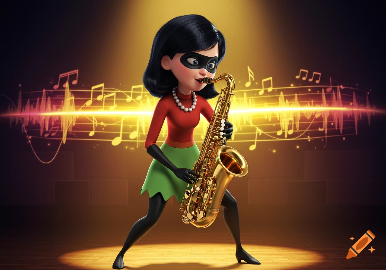 Violet from The Incredibles in a red top and green skirt playing a golden saxophone on a stage with glowing musical notes.