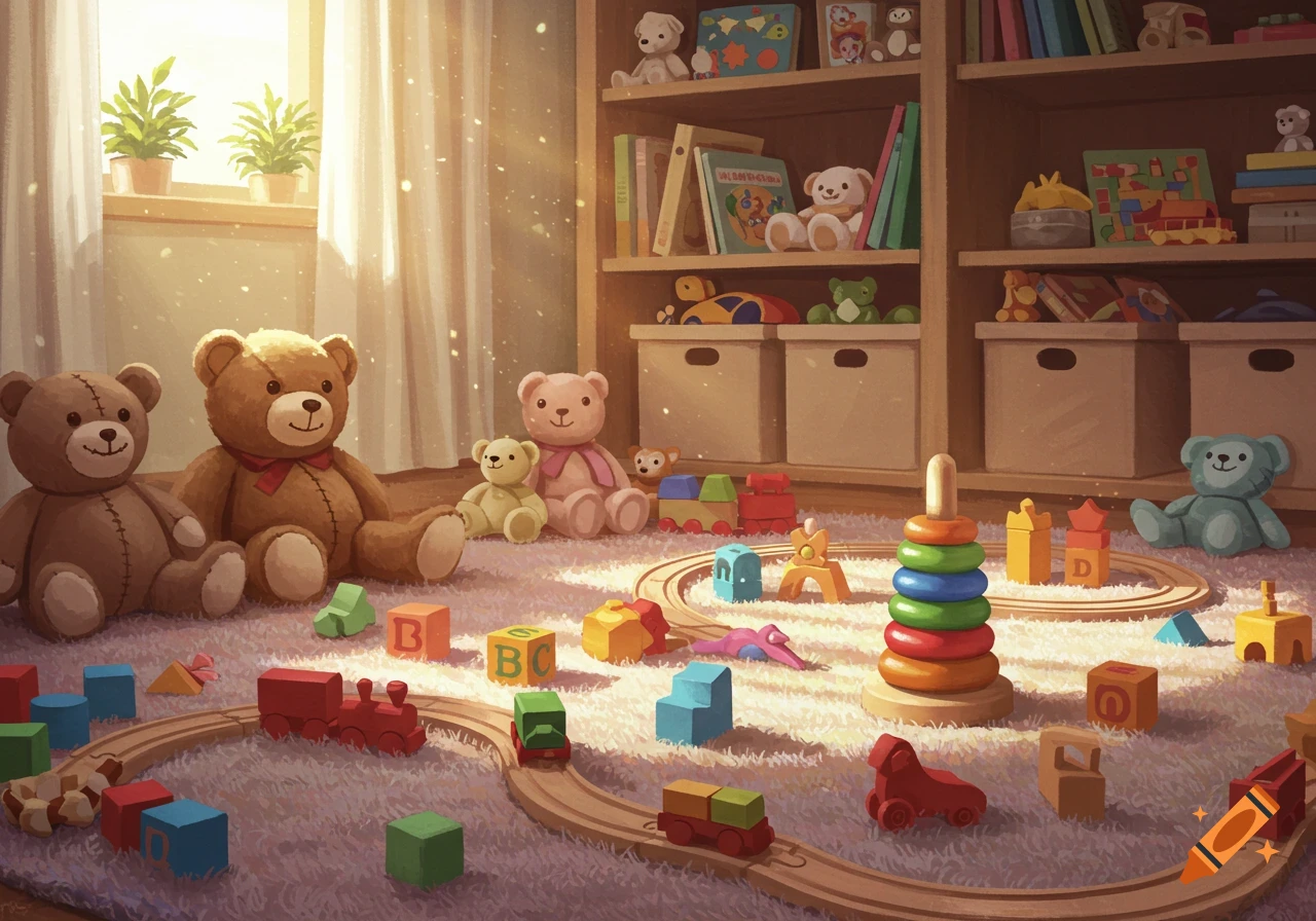 A cozy playroom filled with various toys including teddy bears, wooden blocks, and a toy train set, bathed in warm sunlight.