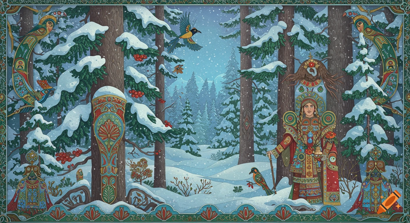 Stylized winter forest illustration with a figure in ornate folk attire, snow-covered pines, colorful birds, and decorative borders, blending Russian fairytale and Salish motifs.