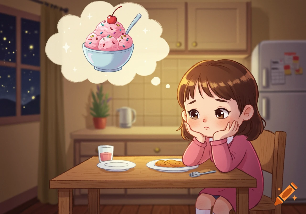 A cartoon girl sits at a table in a kitchen at night, looking disappointed at her dinner, while dreaming of a bowl of pink strawberry ice cream.