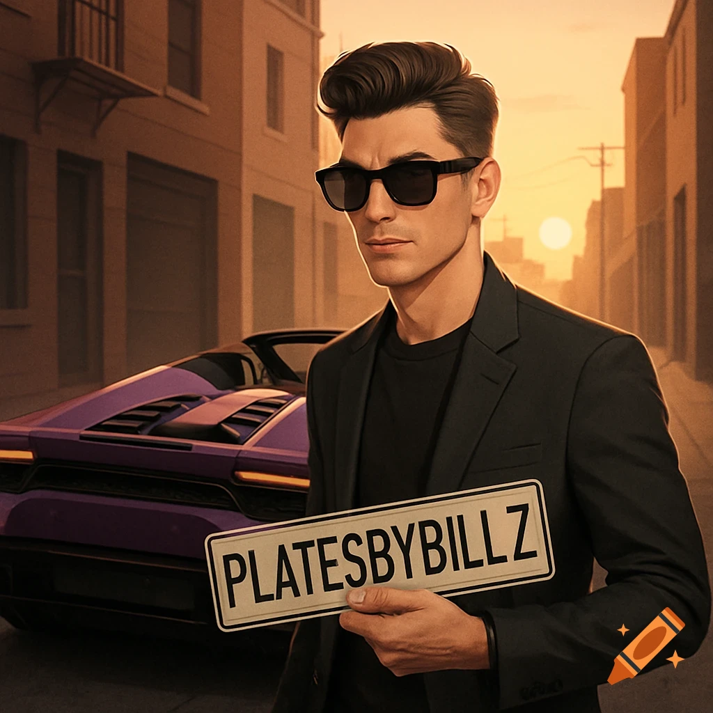 A stylish man in sunglasses and a suit jacket holds a license plate reading 'PLATESBYBILLZ' next to a purple convertible sports car on a city street at sunset, photorealistic.