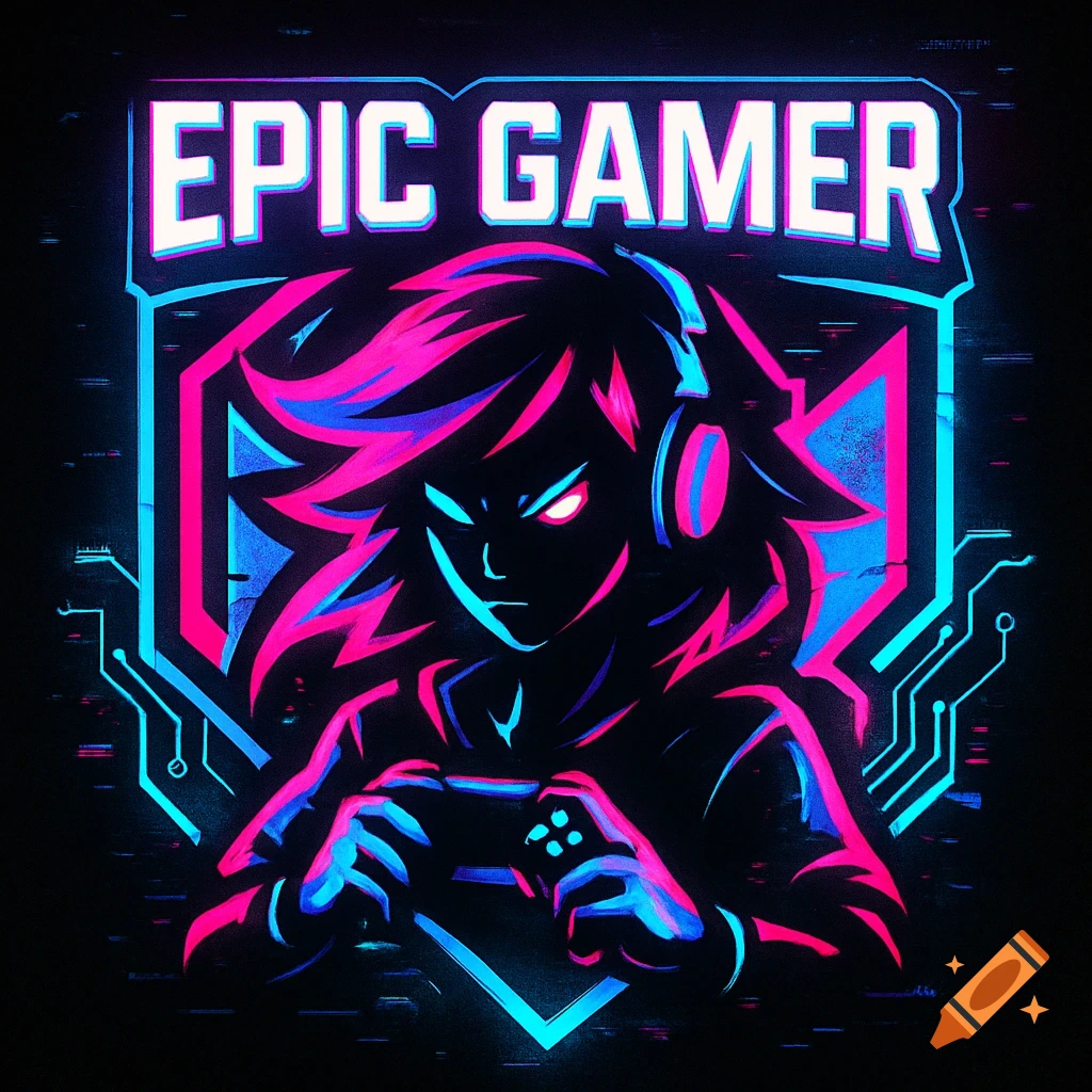 A neon-style logo featuring a stylized figure with headphones holding a game controller, set against a dark background with circuit board elements and the text "EPIC GAMER" above.