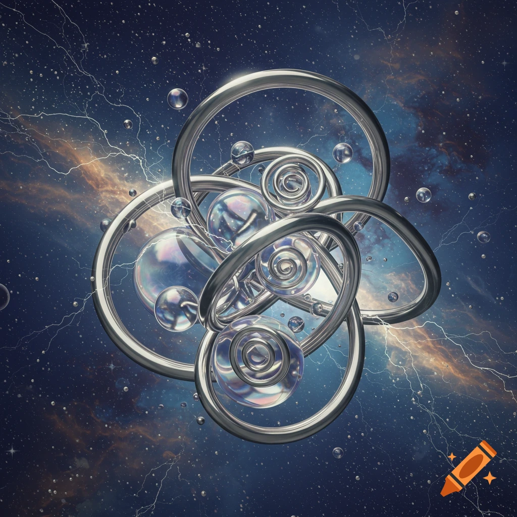 Abstract digital art of interlocked metallic rings and spirals with reflective bubbles against a cosmic background with lightning.