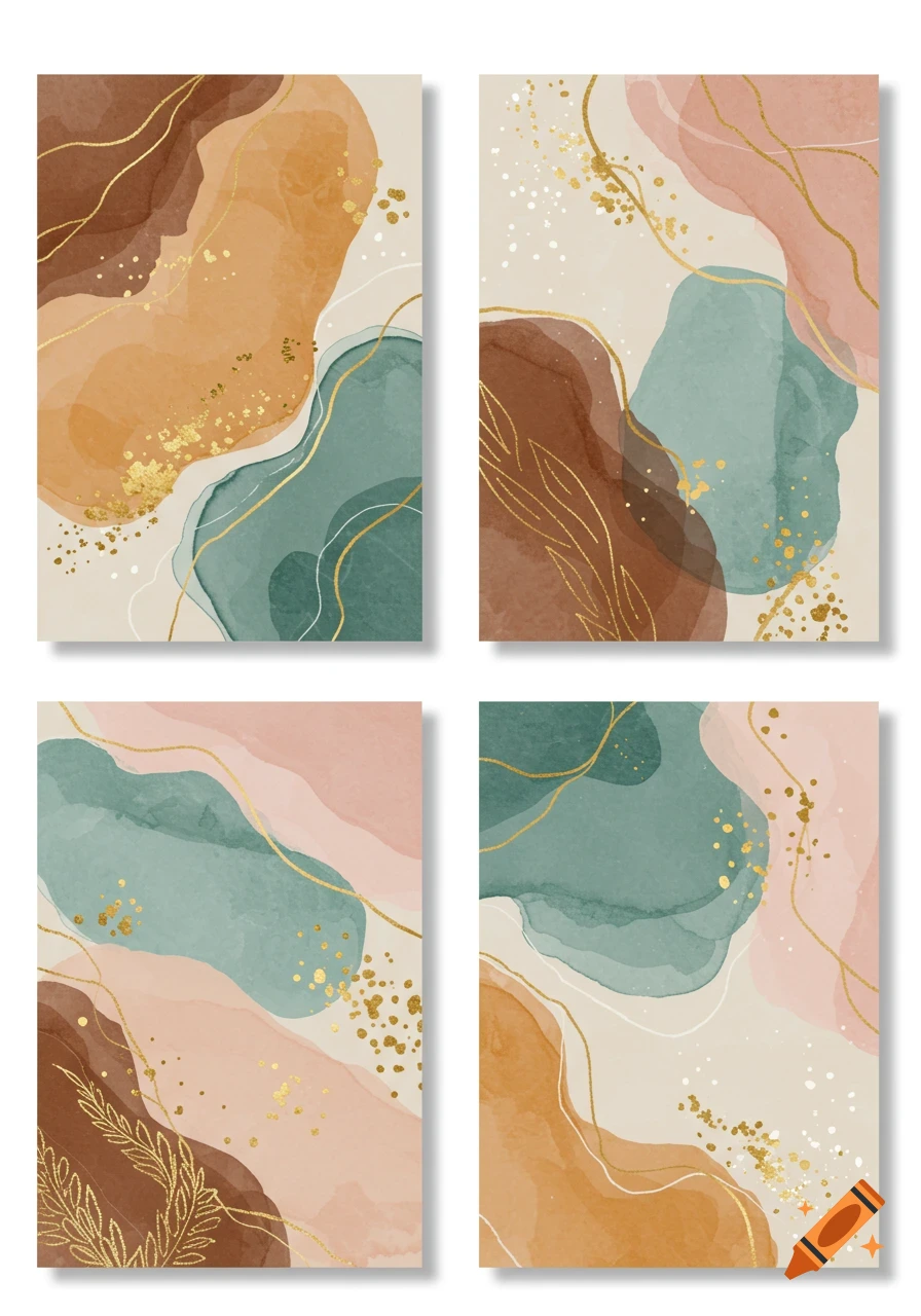 Four abstract watercolor art prints in brown, orange, teal, and pink with gold accents.