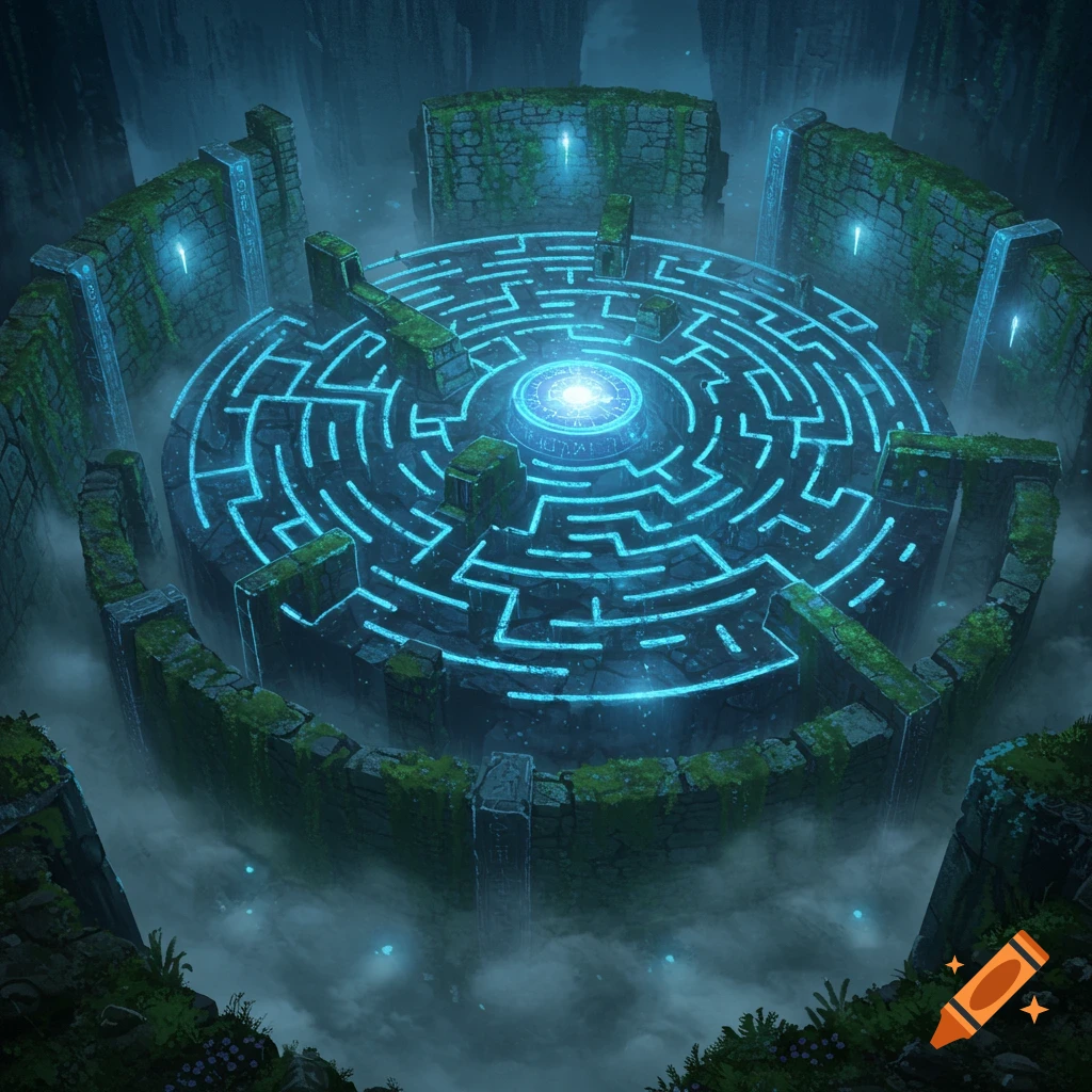 A dark, misty, ancient stone labyrinth with glowing blue lines and a bright central light source, surrounded by moss-covered walls.