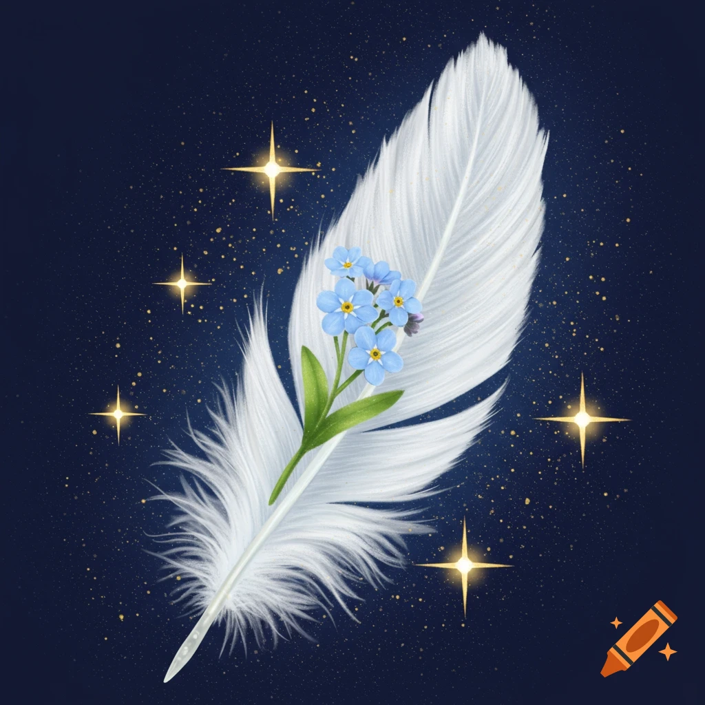 A white feather with blue forget-me-not flowers centered on a dark blue, starry background with golden stars.
