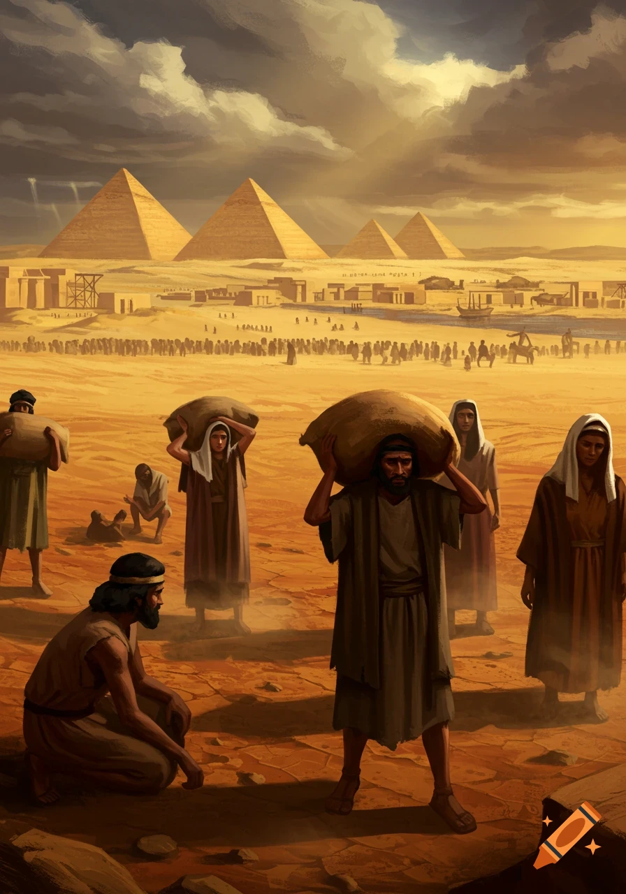Digital painting of people carrying large sacks in a vast desert landscape, with ancient pyramids in the background under a cloudy sky.