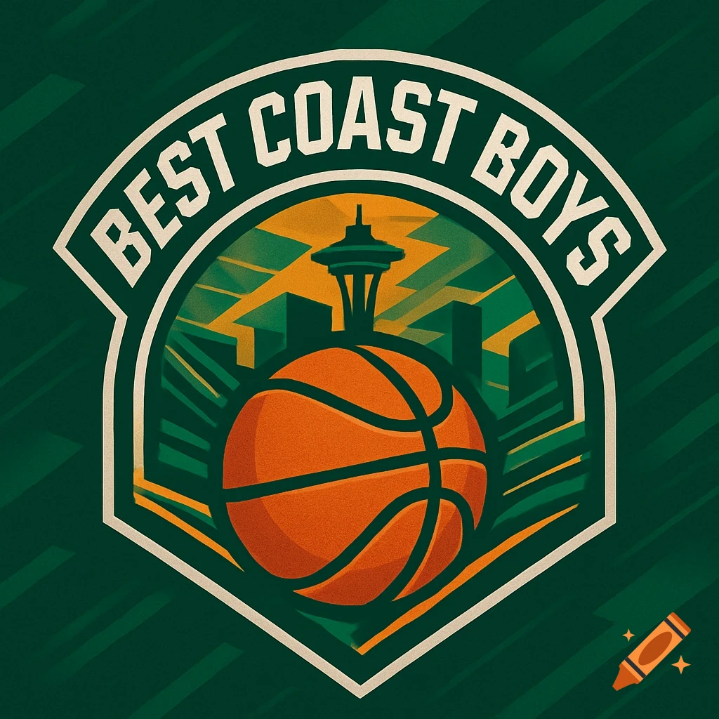 Best Coast Boys basketball team logo featuring a basketball and the Seattle Space Needle on a green and orange shield.