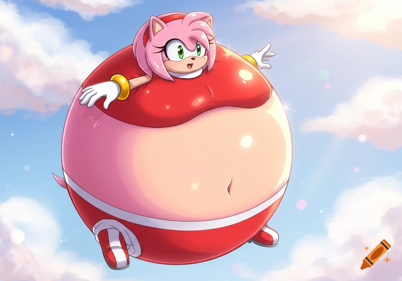 Cartoon Amy Rose, inflated like a pink and red balloon, floats happily in a blue sky with white clouds.