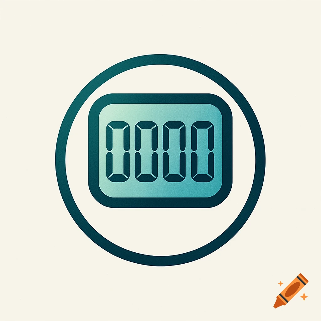 A stylized logo featuring a light teal digital display showing '0000' within a larger dark teal circle, on an off-white background.