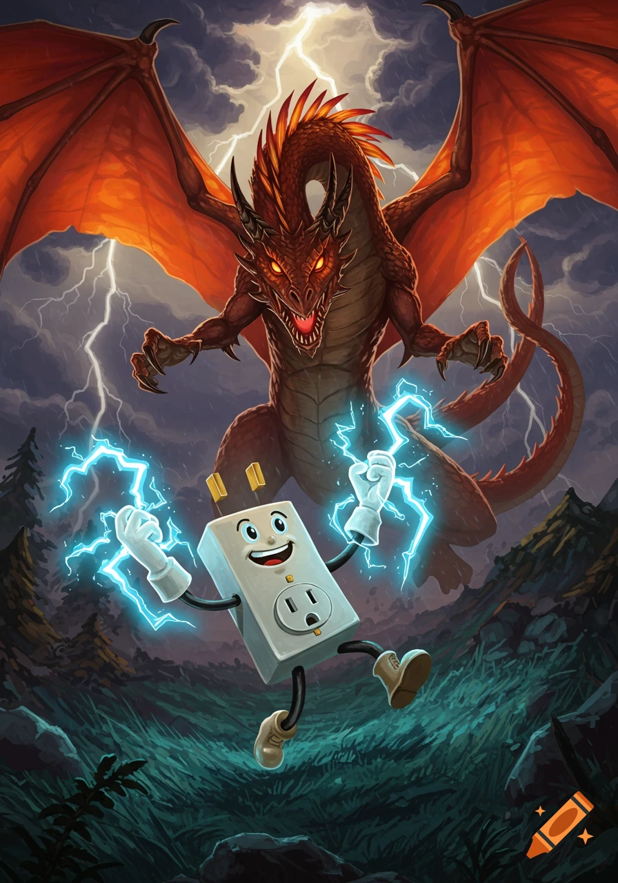 A cartoon character, Willie Wiredhand, a smiling electrical outlet with arms and legs, fights a large red dragon amidst a stormy sky with lightning.
