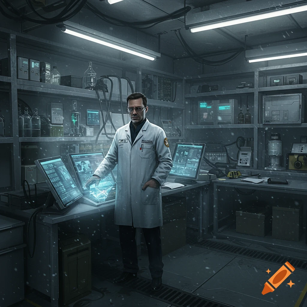 A scientist in a white lab coat and glasses stands in a dark, high-tech research laboratory filled with screens and equipment, with an apparent snowfall effect.