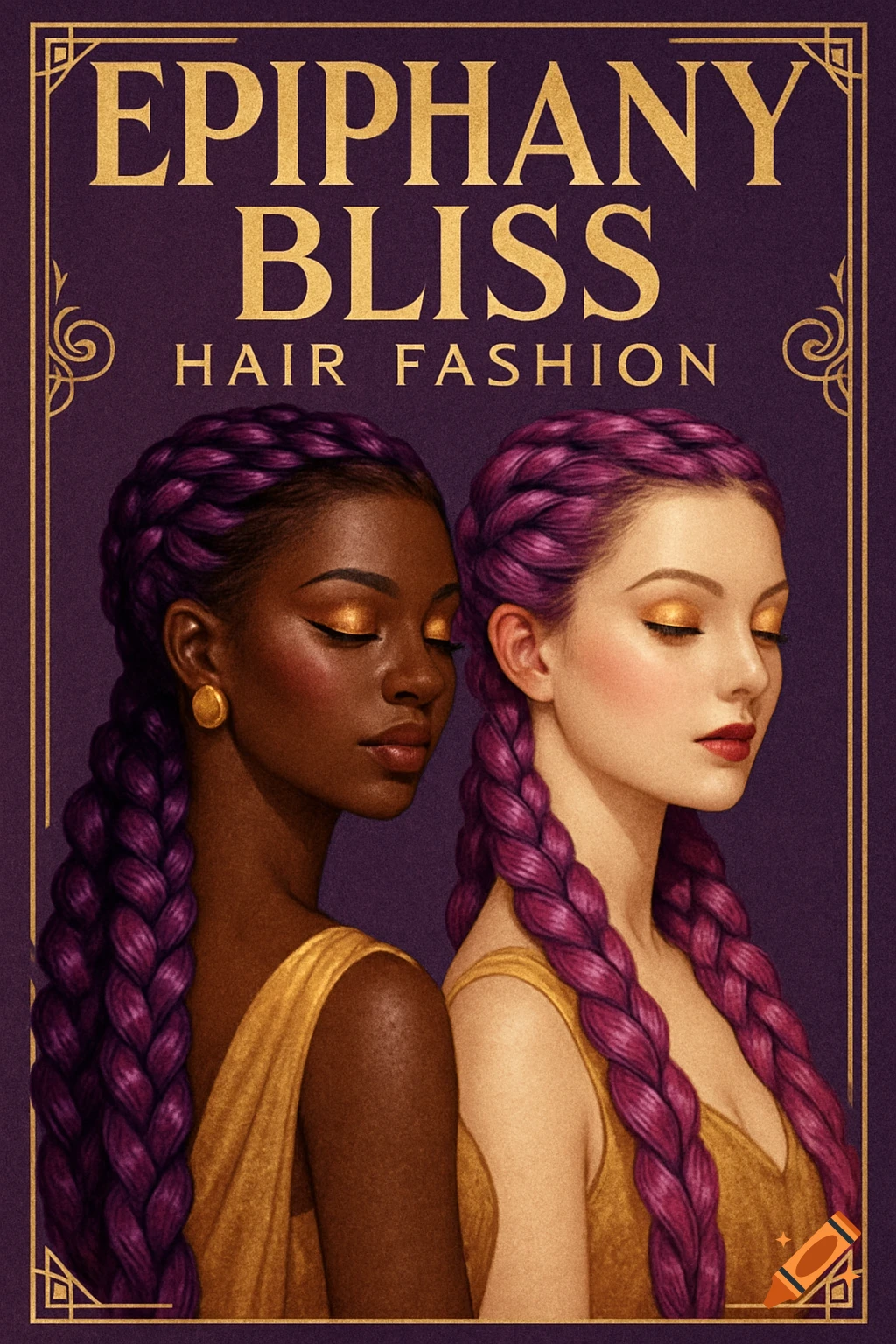 Vintage magazine cover for 'Epiphany Bliss Hair Fashion' featuring two models with long purple braided hair and gold eyeshadow.