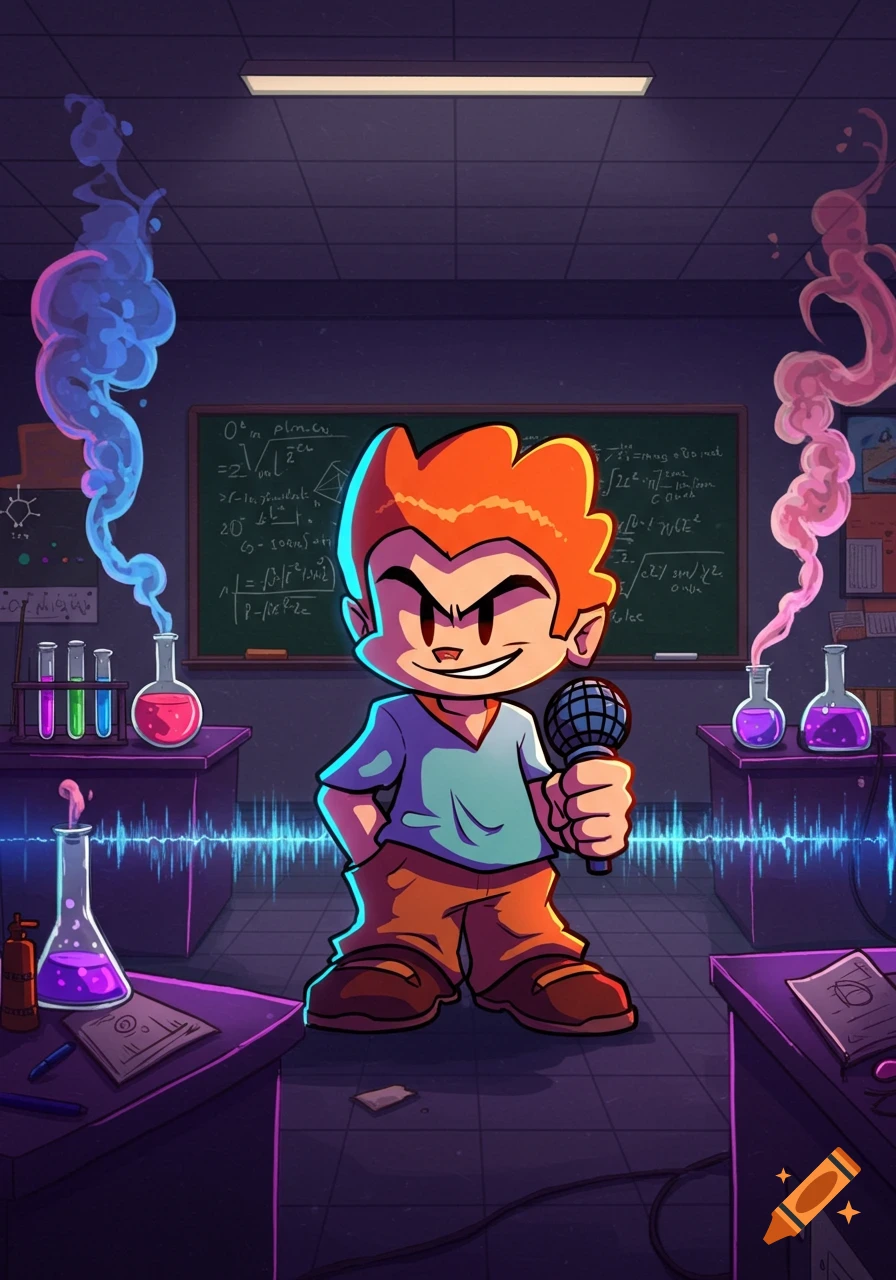 Cartoon character Pico stands in a science lab holding a microphone. Colorful beakers and a blackboard with equations are in the background.