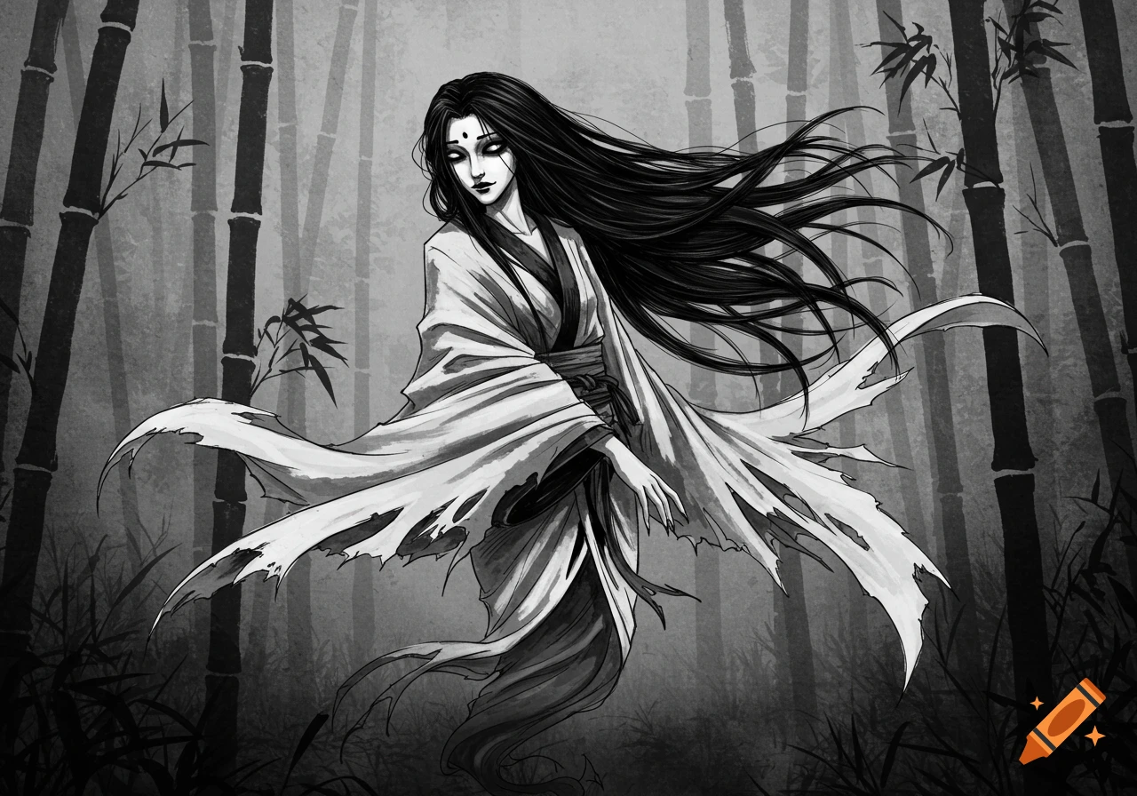A black and white illustration of a Japanese female spirit with long flowing black hair, dark eyes, and a pale face, wearing torn white robes that float around her. She stands in a misty bamboo forest.