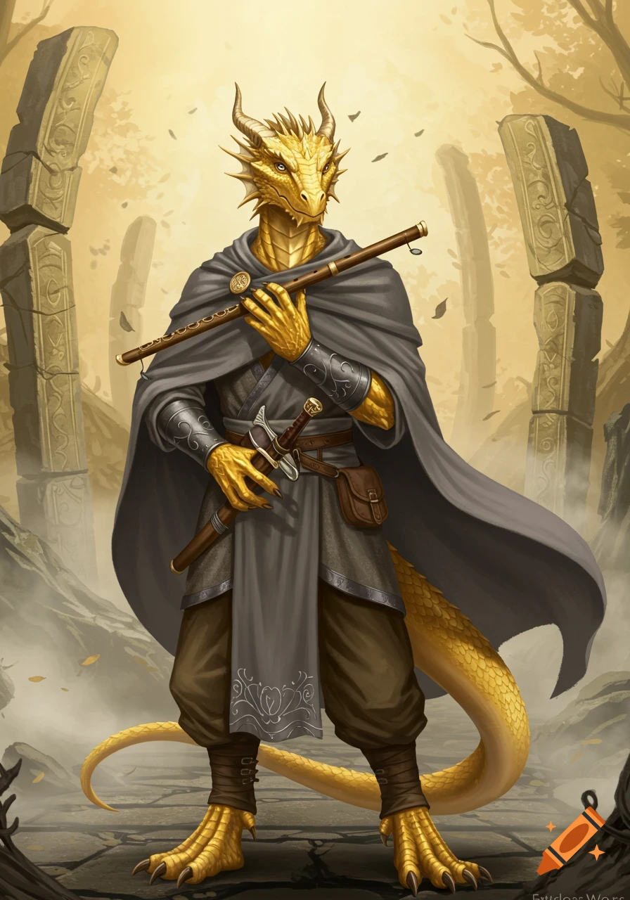 A golden dragonborn in a grey cloak holds a flute and sword, standing amidst ancient ruins bathed in sunlight. Digital art style.