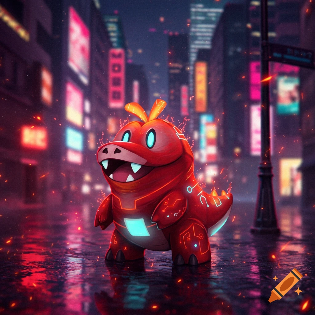 A red, cyberpunk-styled Fuecoco Pokémon stands on a wet city street at night, illuminated by neon signs and glowing sparks.