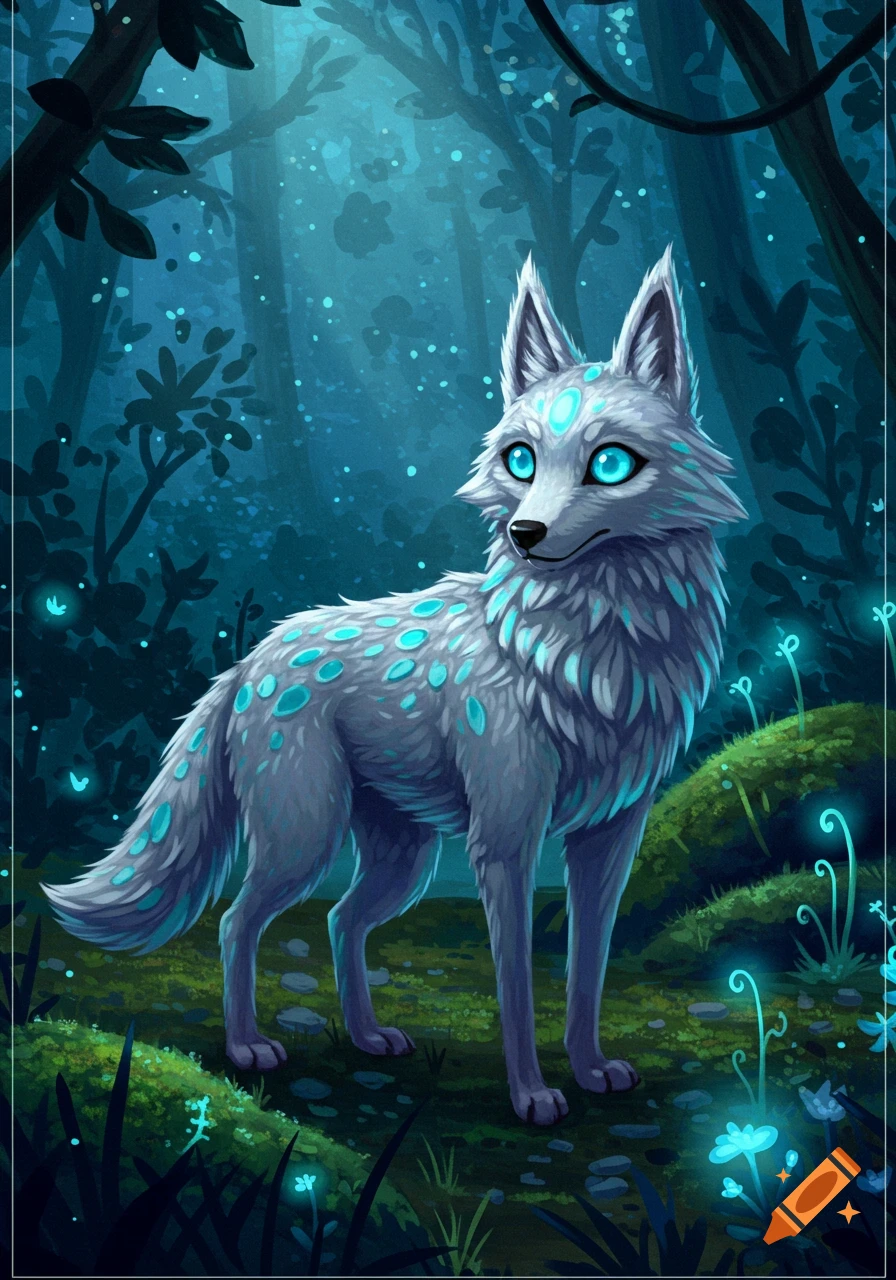 A luminous white wolf with glowing blue eyes and teal markings stands in a mystical dark blue forest with glowing plants. Digital art.