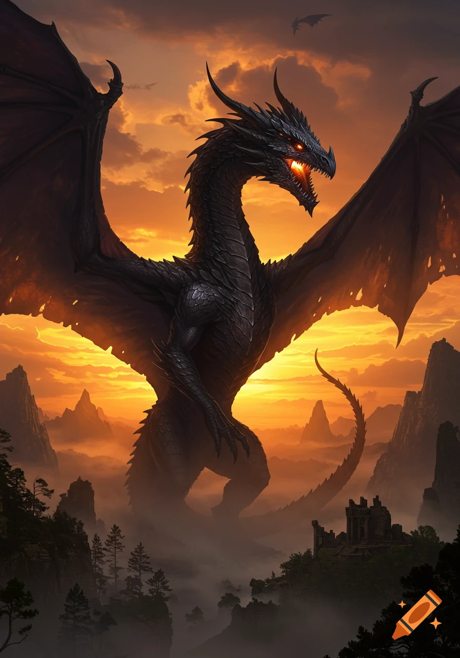 An epic black dragon with glowing red eyes and fiery breath spreads its wings over misty mountains and a ruined castle at sunset.