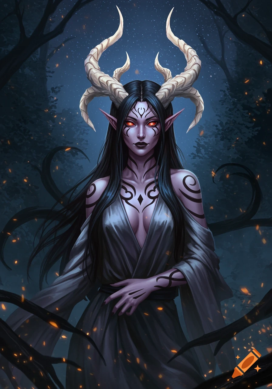 An illustration of a female demon with long dark hair, glowing red eyes, horns, and mystical markings, standing in a dark forest.