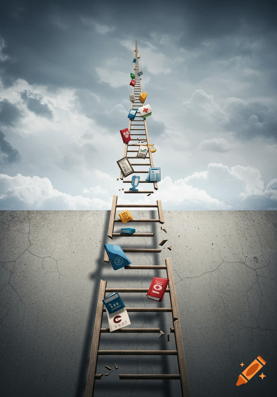 A broken corporate ladder climbs from a concrete wall into a cloudy sky, with various icons representing employee benefits falling off.