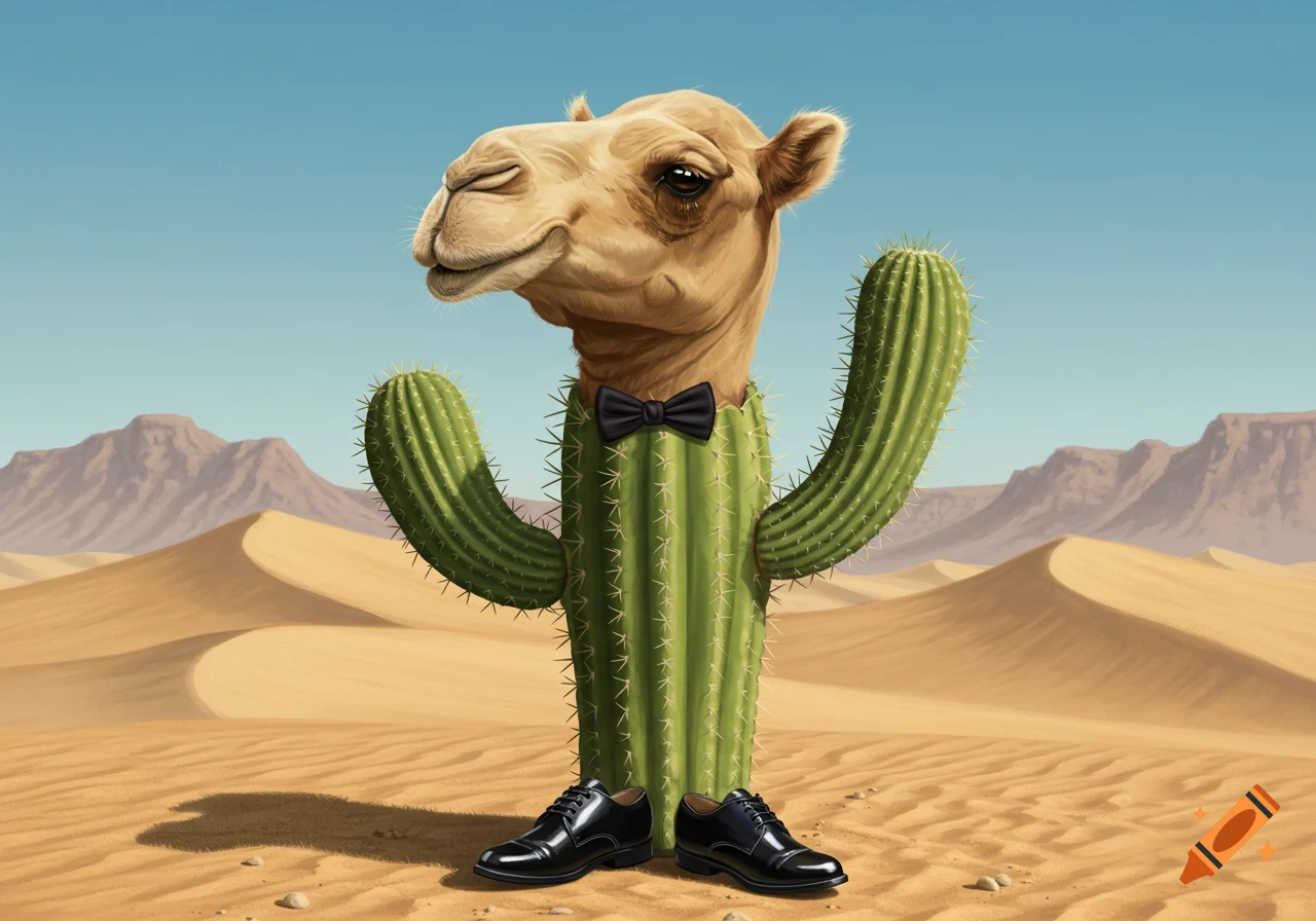 A camel's head on a cactus body wearing a bow tie and dress shoes stands in a desert.