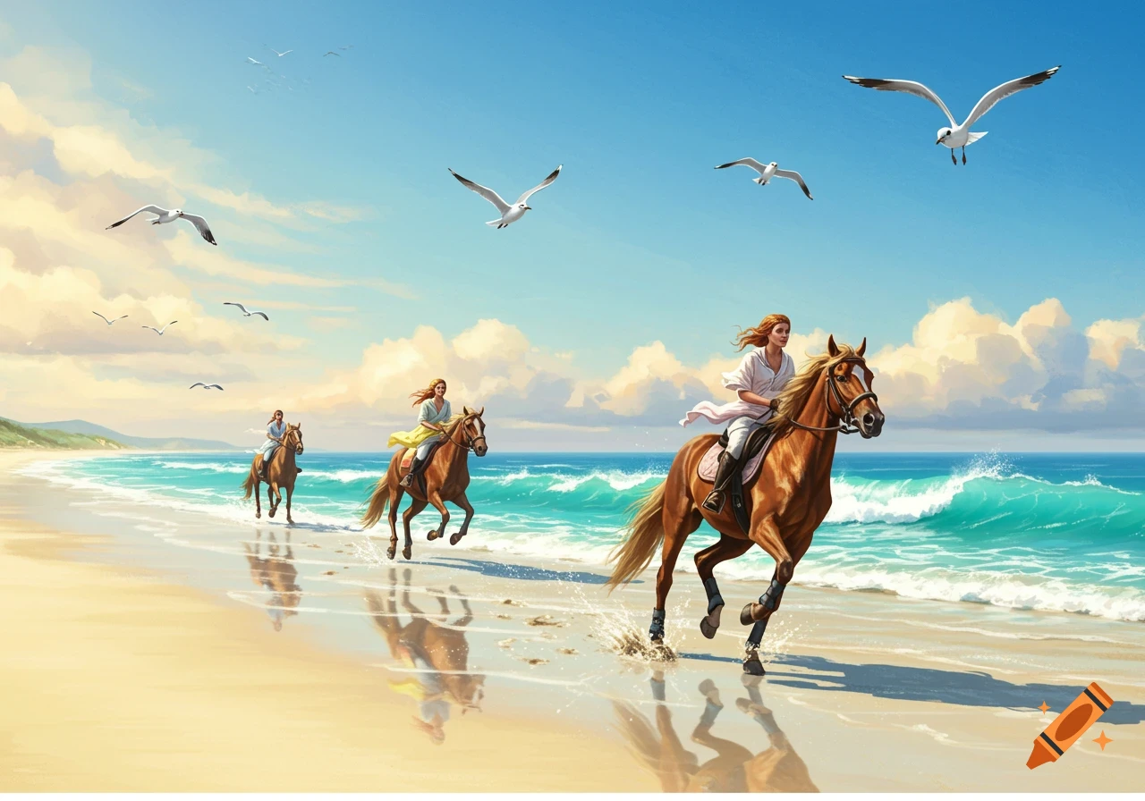 Three women on brown horses gallop along a sunny beach with turquoise waves under a blue sky with seagulls flying. Painting style.