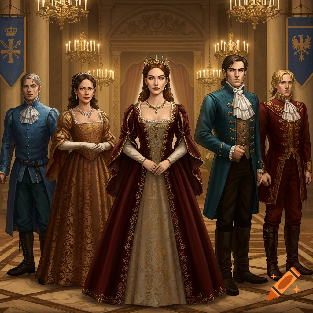 Five elegantly dressed people, appearing as nobility or royalty, stand posed in a grand, ornate hall with chandeliers and patterned floors, in a digital painting style.