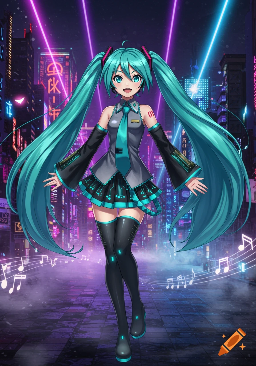 Hatsune Miku in a cyberpunk city with neon lights and musical notes.