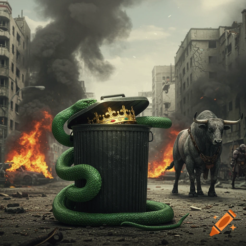 A green snake coiled around a trash bin holding a golden crown in a burning, ruined city, with a large grey bull nearby. Photorealistic style.