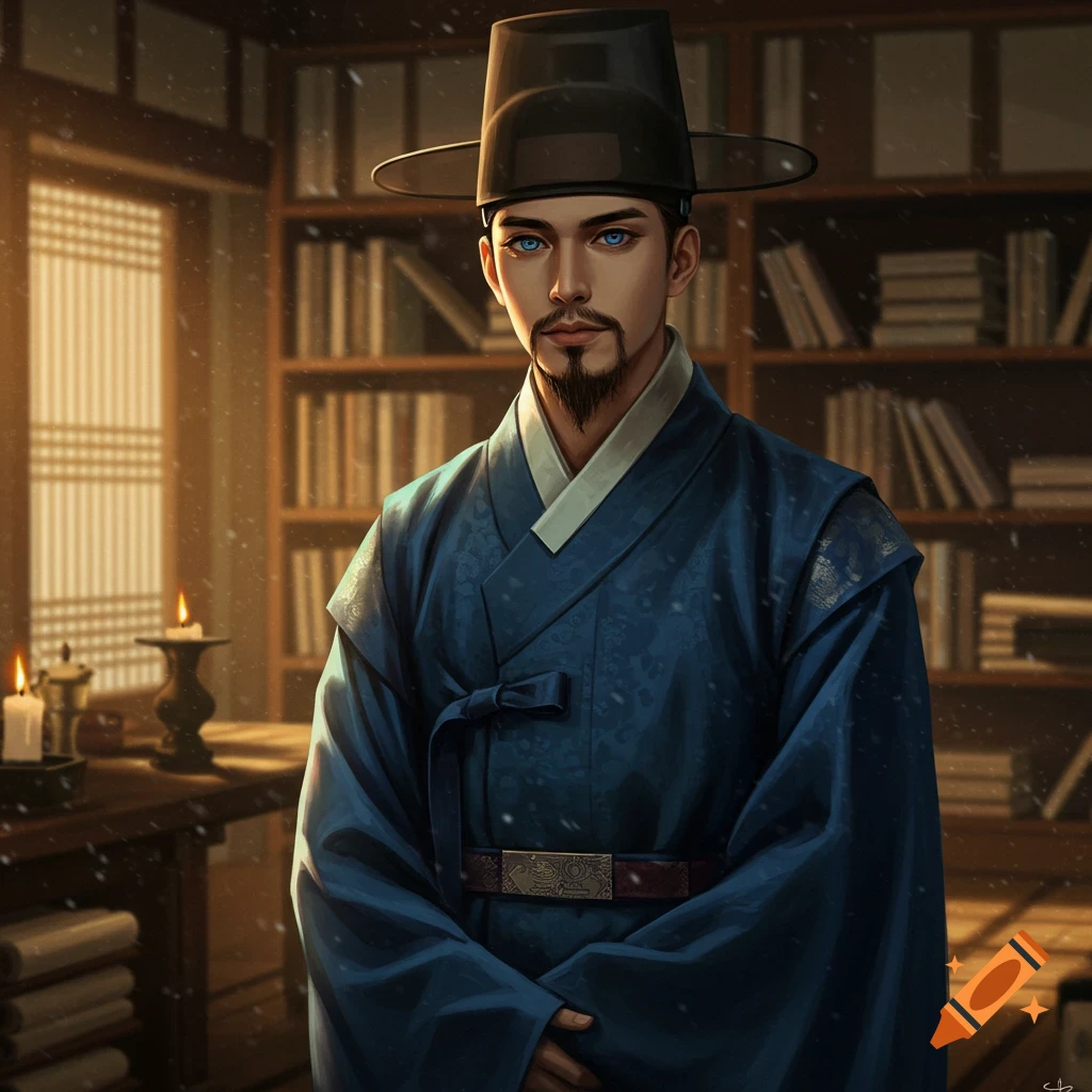 A man with blue eyes and a goatee in a traditional blue robe and black hat stands in a candlelit room with bookshelves.