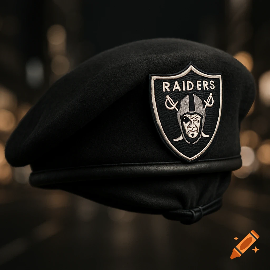 A black military-style beret with a shield-shaped patch featuring the Las Vegas Raiders logo and text.