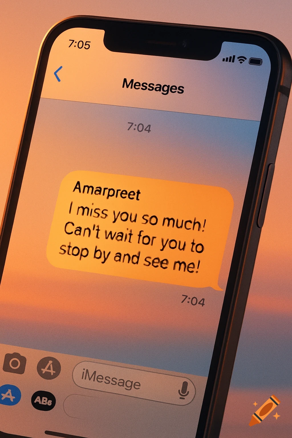 A close-up shot of an iPhone screen displaying a text message from 'Amarpreet' saying 'I miss you so much! Can't wait for you to stop by and see me!' with a warm, sunset-like background.