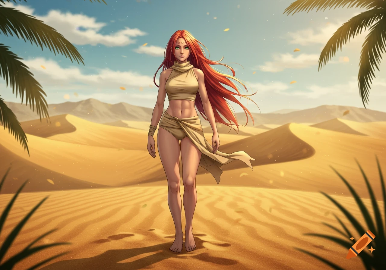Anime woman with long red hair and green eyes, wearing a desert outfit, stands in a vast desert landscape with sand dunes and palm trees.