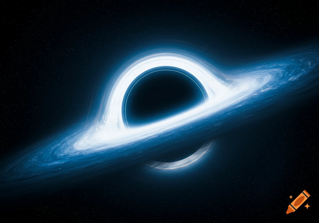 A luminous blue and white accretion disk surrounds a black hole against a starry black space.
