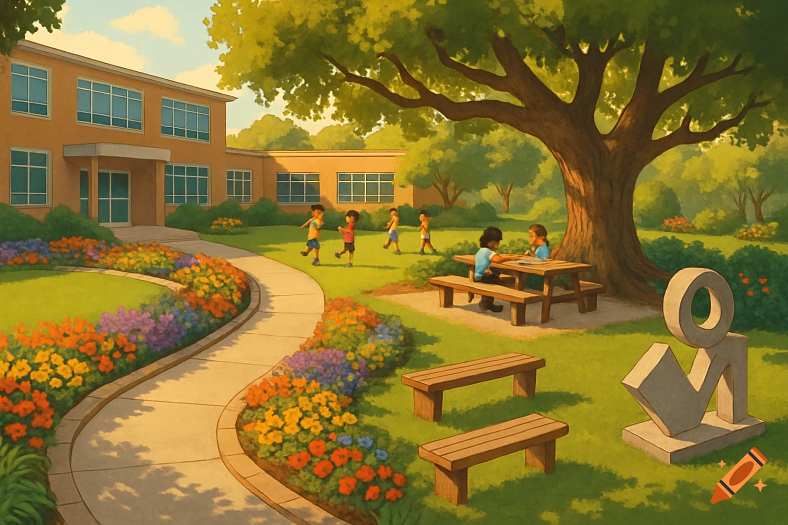 A vibrant illustration of a schoolyard with children playing on green grass, a large tree, and colorful flower beds winding along a path.