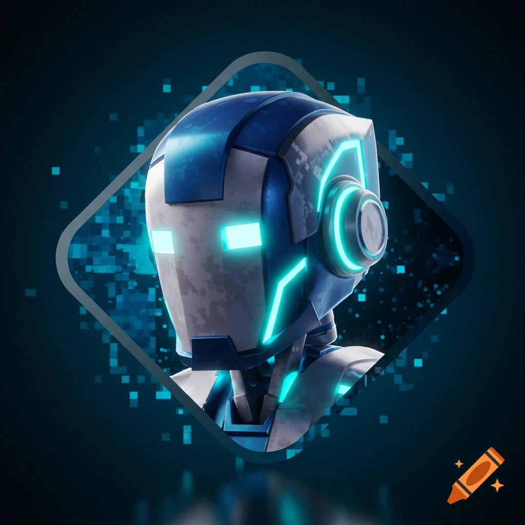 A stylized white and blue robot head with glowing blue eyes and accents, framed within a diamond shape against a dark, pixelated background.