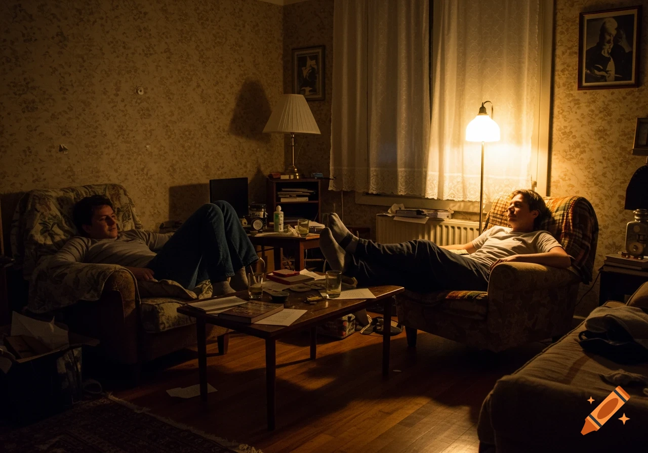 Two people lounge comfortably in armchairs in a dimly lit, cluttered, cozy apartment living room.