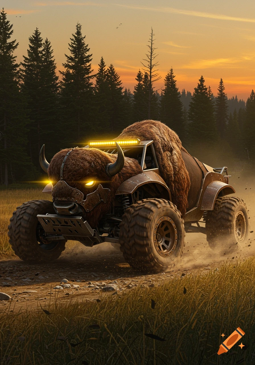 A custom offroad vehicle designed like a bison, with glowing eyes and a light bar, drives on a dirt path through a forest at sunset.
