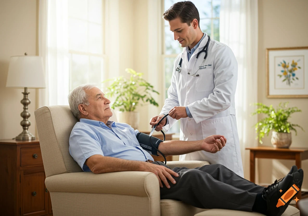 A male doctor in a white coat takes an elderly male patient's blood pressure in a living room.