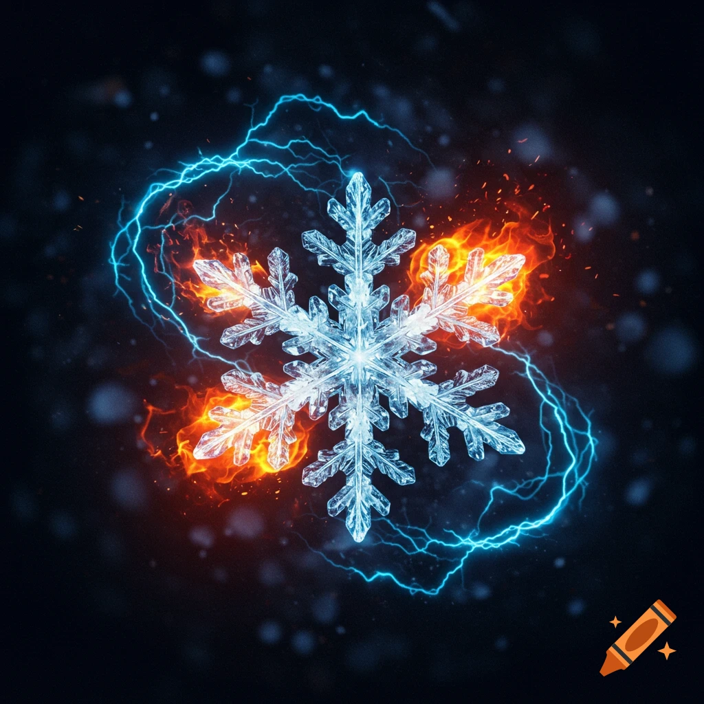 A crystalline snowflake engulfed in vibrant orange flames and surrounded by swirling blue lightning on a dark background.